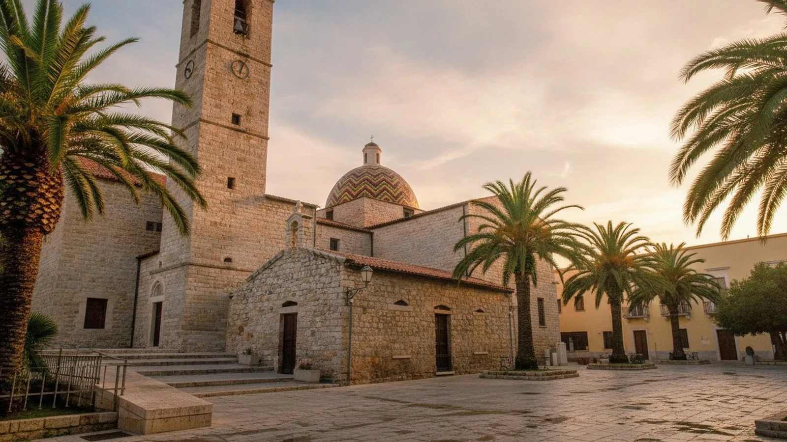 La Basilica di San Simplicio nel centro storico di Olbia, con le palme della piazza