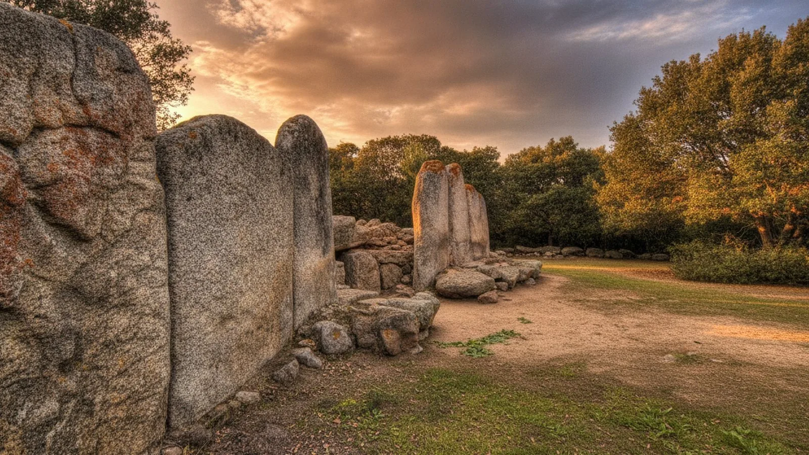 L'esedra in pietra di una tomba dei giganti nuragica al tramonto, in Sardegna
